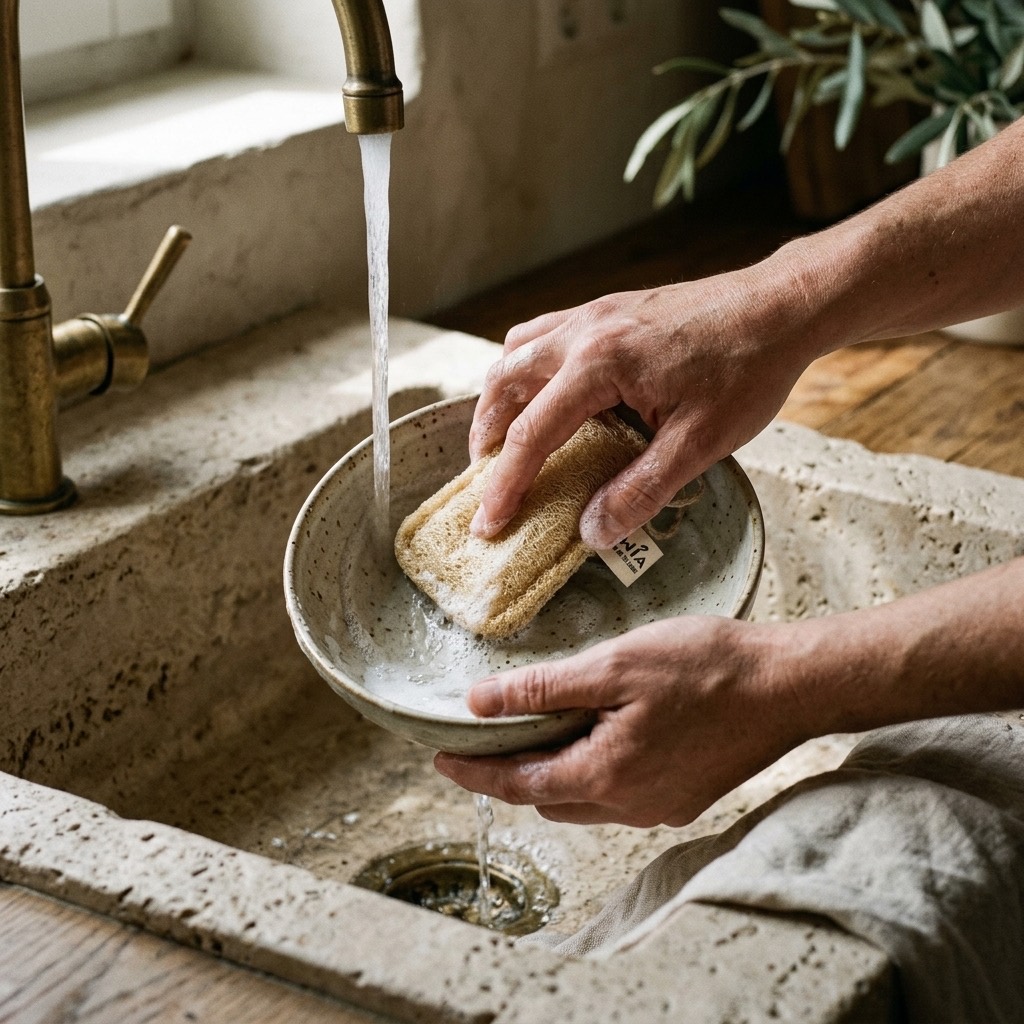 Manos sosteniendo una esponja de luffa natural