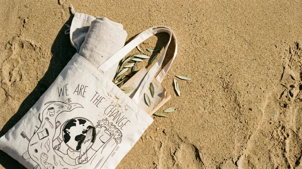 Bolsa de algodón orgánico WIA abierta sobre la arena de la playa