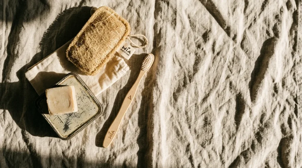 Cepillo de bambú y esponja de luffa WIA sobre lino, luz de tarde